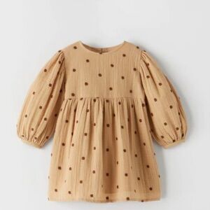 Zara| Kids Beige Long Sleeve Dress with Dark Brown Dots- Size 2-3 years